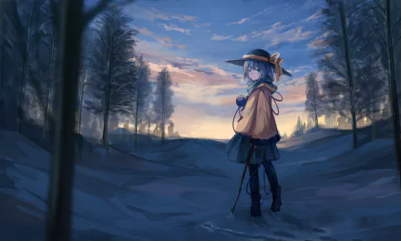 Anime-style HD desktop wallpaper featuring Koishi Komeiji from Touhou, standing on a path surrounded by trees under a serene, colorful sky at dusk.