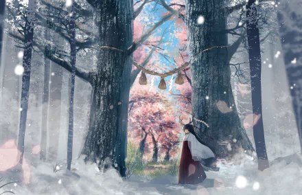 Anime-style 4K Ultra HD wallpaper featuring a black-haired character with long hair standing between tall trees in a snowy forest, with cherry blossoms visible beyond.