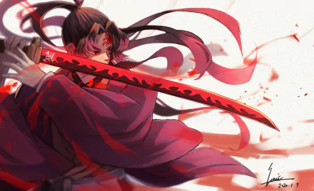 HD PC desktop wallpaper featuring Yoriichi Tsugikuni from the anime Demon Slayer: Kimetsu no Yaiba, showcasing dynamic action with a glowing red sword.