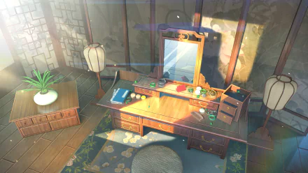 HD anime room desktop wallpaper featuring a cozy, sunlit space with a wooden mirror desk, traditional decor, and soft shadows creating a warm atmosphere.