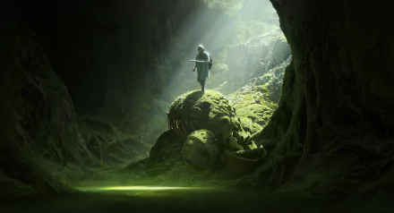 A fantasy warrior stands illuminated in a mystical cave, surrounded by lush greenery and ancient ruins. This HD desktop wallpaper and background captures an enchanting and adventurous atmosphere.