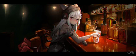 HD PC desktop wallpaper featuring Frostleaf from the Arknights video game, depicted sitting at a dimly lit bar holding a glass.