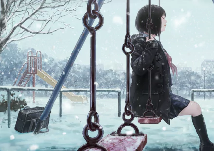 Anime girl in a school uniform sits on a swing amid gentle snowfall in a serene, snowy playground, captured in crisp HD for a PC desktop wallpaper.