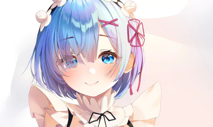 HD desktop wallpaper of Rem from Re:ZERO - Starting Life in Another World. The anime character is shown with blue hair, pink hairclips, and a maid outfit, smiling softly against a light background.