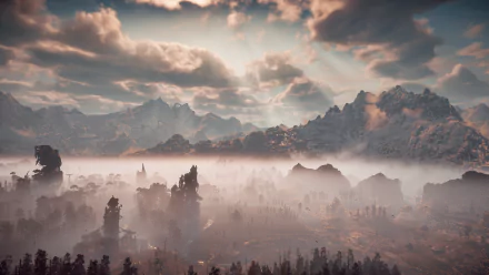 4K Ultra HD PC desktop wallpaper of a foggy, ruined mechanical landscape from the video game Horizon Zero Dawn, sunlit clouds over jagged mountains and mist-shrouded towers.