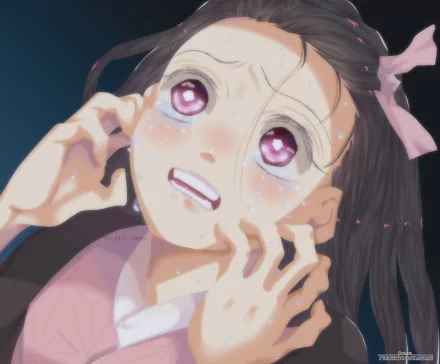 4K Ultra HD anime desktop wallpaper featuring Nezuko Kamado from Demon Slayer: Kimetsu no Yaiba, showcasing her expressive face with large pink eyes and a delicate pink ribbon.