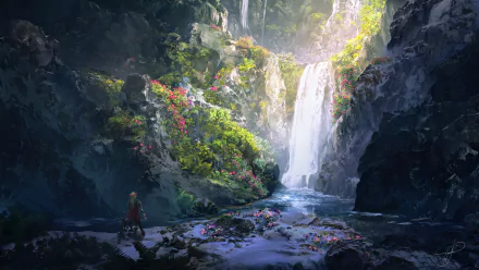 HD anime desktop wallpaper featuring an original scene of a lush, vibrant landscape with a person standing before a waterfall cascading through rocky cliffs, illuminated by natural light.
