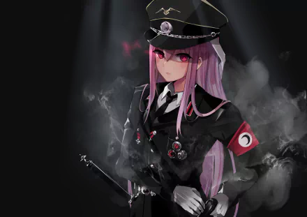 HD desktop wallpaper featuring Reisen Udongein Inaba from Touhou in a dark, stylized Nazi-themed uniform, against a smoky background.