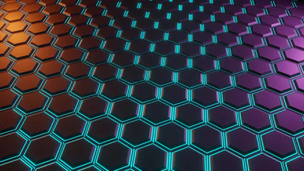 HD desktop wallpaper featuring an abstract pattern of glowing hexagons in vibrant shades of blue, orange, and purple.