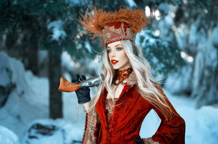 lipstick hat blue eyes blonde long hair depth of field woman model HD Desktop Wallpaper | Background Image