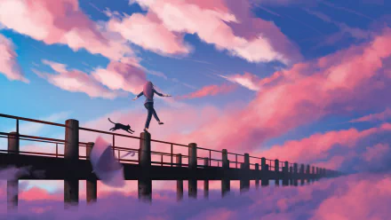 Anime-style illustration of a person with long pink hair balancing on a pier above clouds, with a cat and umbrella nearby. The vibrant sky transitions from blue to pink, creating a dreamy background. HD desktop wallpaper.