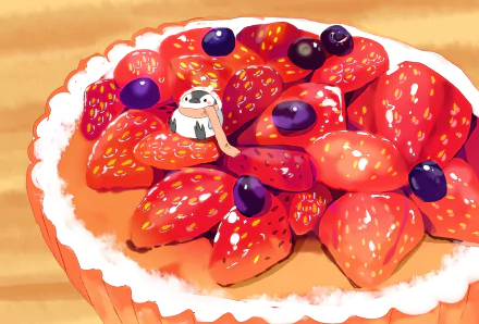Anime-style HD desktop wallpaper featuring a close-up of a strawberry tart topped with blueberries and a small character sitting among the fruit.