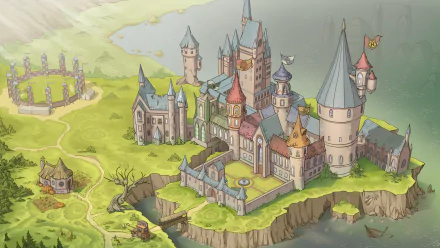 HD desktop wallpaper featuring an animated Hogwarts Castle from the Harry Potter movies, set on a cliff with surrounding landscape and magical elements.