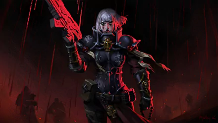 HD desktop wallpaper featuring a short white-haired Sisters of Battle warrior from Warhammer 40k, armed with a large futuristic gun in a dark, intense video game setting.