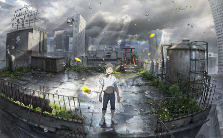 HD anime cityscape wallpaper from Weathering with You by Hodaka Morishima, featuring a rooftop scene with dramatic skies and floating yellow petals.