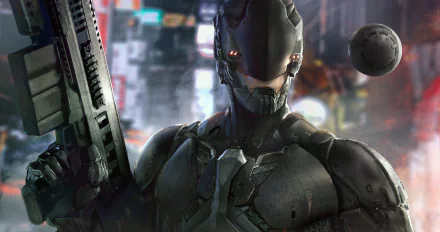 HD Sci-Fi PC desktop wallpaper featuring a futuristic cyborg warrior with glowing red eyes holding a weapon, set against a neon-lit urban background.