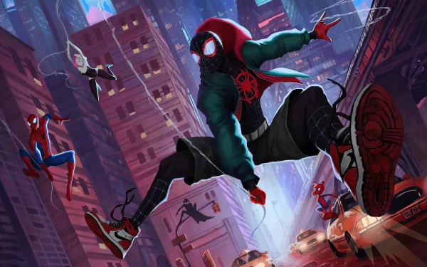4K Ultra HD Spider-Man: Into The Spider-Verse wallpaper featuring Spider-Ham, Spider-Man Noir, Gwen Stacy, and Miles Morales in dynamic cityscape action.