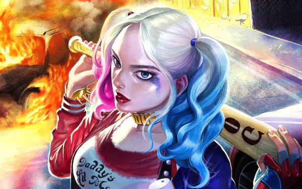 A 4K Ultra HD comic-style wallpaper of Harley Quinn from DC Comics with twintails, blue eyes, and bold lipstick, holding a baseball bat amidst fiery chaos.