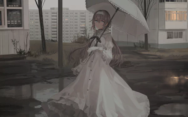Anime-style original HD wallpaper of a girl in a white dress holding an umbrella, standing by a puddle in an urban setting.