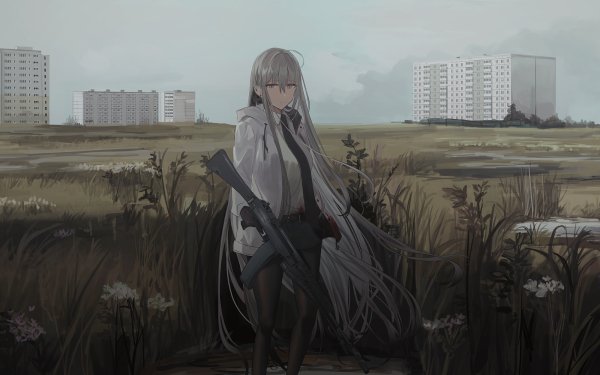 Anime Original Long Hair Firearm White Hair Gun Grey Eyes HD Wallpaper | Background Image