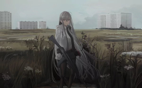 Anime-style character with white hair and grey eyes holding a gun. The scene is set in an open field with tall grasses, with several buildings in the background. HD desktop wallpaper.