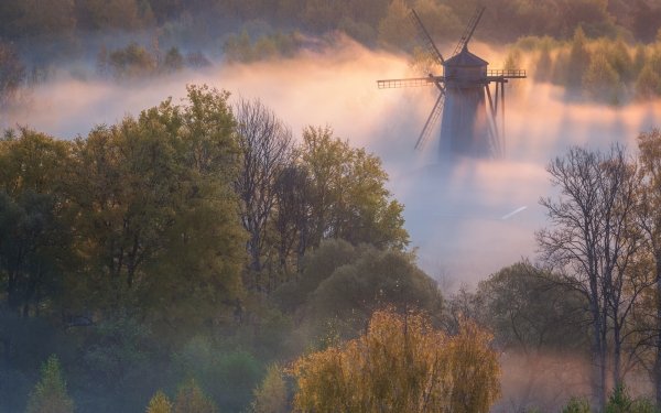 Man Made Windmill Fog Dawn HD Wallpaper | Background Image