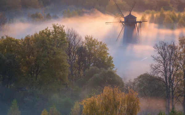 dawn fog man made windmill HD Desktop Wallpaper | Background Image