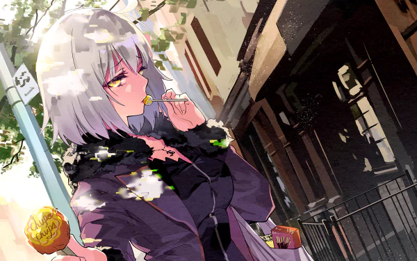 Anime character Jeanne d'Arc Alter from Fate/Grand Order, with short white hair and yellow eyes, holding a lollipop. Appears in daily attire in an urban setting, positioned as a HD desktop wallpaper.