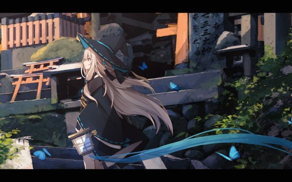 Anime Original Witch White Hair Long Hair Blue Eyes Hat Butterfly HD Wallpaper | Background Image