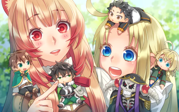 HD anime wallpaper featuring chibi versions of characters Ainz Ooal Gown, Tanya Degurechaff, Subaru Natsuki, Filo, Naofumi Iwatani, Kazuma Satou, and Raphtalia from the series Isekai Quartet.