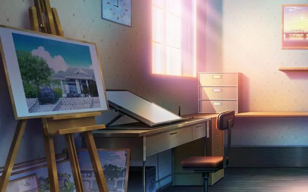 An anime-style room bathed in sunshine coming through a window, featuring a desk, chair, and easel displaying artwork. This HD desktop wallpaper captures a serene and artistic workspace.