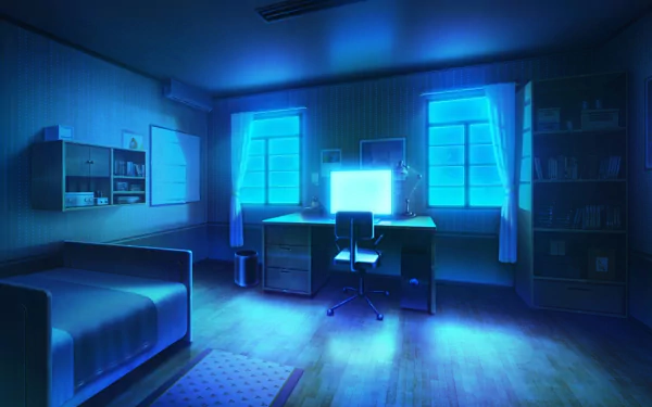 Anime-themed room at night with blue lighting, featuring a bed, desk with computer, chair, windows, and bookshelves. This HD desktop wallpaper provides a serene and atmospheric ambiance.
