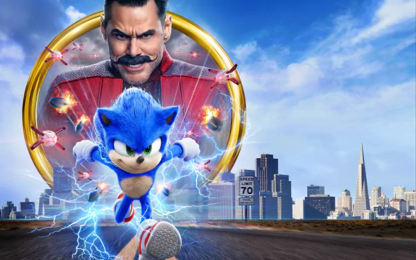 8K Ultra HD wallpaper featuring Jim Carrey as Doctor Robotnik and Sonic the Hedgehog racing on a city street under a bright blue sky.