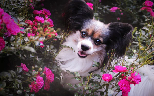 pink flower dog Papillon Animal HD Desktop Wallpaper | Background Image