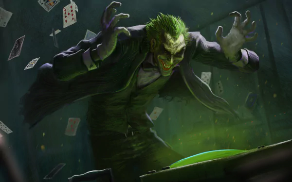 Comic-style Joker leans over a glowing green basin, cards swirling as he grins maniacally — 4K Ultra HD PC desktop wallpaper/background.