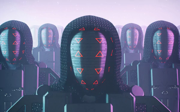 HD desktop wallpaper featuring a row of futuristic robot heads with glowing triangular patterns, set against a cool-toned sci-fi cityscape.