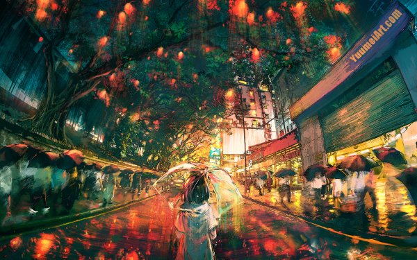 Anime Original Street People Umbrella Night HD Wallpaper | Background Image