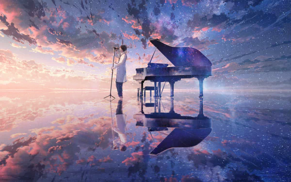 Anime-style HD wallpaper depicting a person with a microphone and grand piano reflected on a calm surface beneath a vibrant sky blending clouds and a starry night.