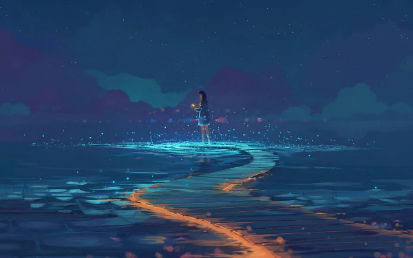Anime girl with long black hair standing near water at night, surrounded by glowing particles. HD desktop wallpaper and background.
