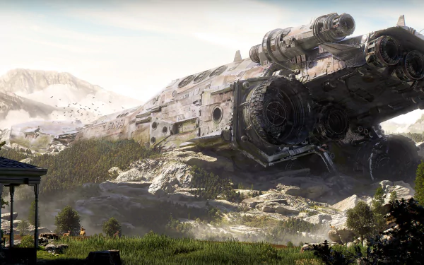 HD desktop wallpaper of a stunning landscape with a crashed spaceship in a mountainous, lush terrain, blending sci-fi elements with natural scenery.