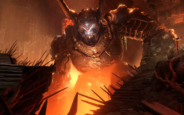 DOOM Eternal video game 5K Ultra HD PC desktop wallpaper and background: towering armored demon with glowing eyes looms over a molten, spiked chasm.