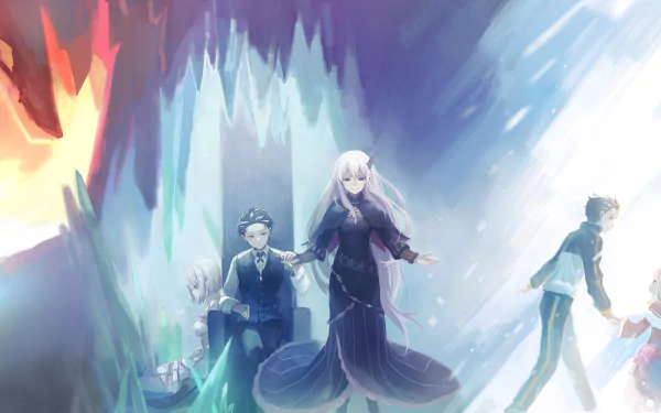 An HD wallpaper featuring characters from Re:Zero - Starting Life in Another World including Shaula, Satella, Reinhard, Ram, Otto, Subaru, Meili, Julius, Garfiel, Emilia, Echidna, Beatrice, and Anastasia.