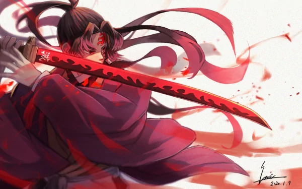 HD PC desktop wallpaper featuring Yoriichi Tsugikuni from the anime Demon Slayer: Kimetsu no Yaiba, showcasing dynamic action with a glowing red sword.
