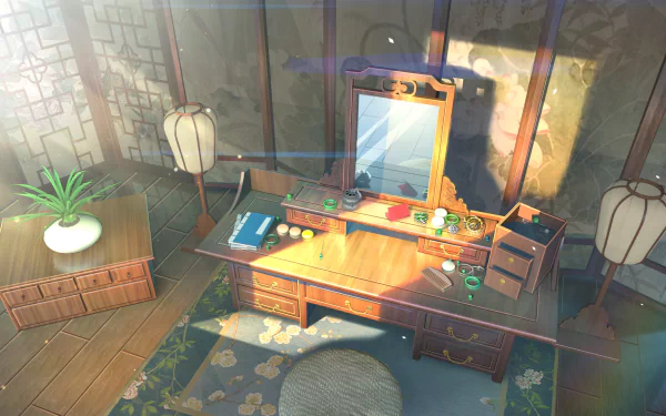 HD anime room desktop wallpaper featuring a cozy, sunlit space with a wooden mirror desk, traditional decor, and soft shadows creating a warm atmosphere.