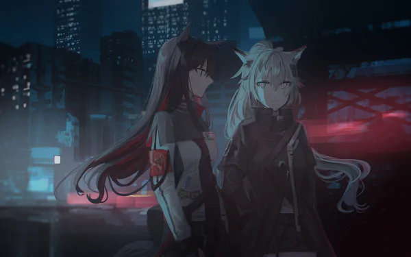Night scene featuring Texas and Lappland from Arknights with long hair, set against a futuristic city backdrop in this HD PC desktop wallpaper.