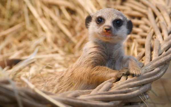 A close-up of a meerkat resting in a natural woven nest, captured in 4K Ultra HD for a sharp and vibrant PC desktop wallpaper background.