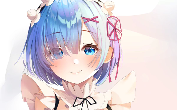 HD desktop wallpaper of Rem from Re:ZERO - Starting Life in Another World. The anime character is shown with blue hair, pink hairclips, and a maid outfit, smiling softly against a light background.