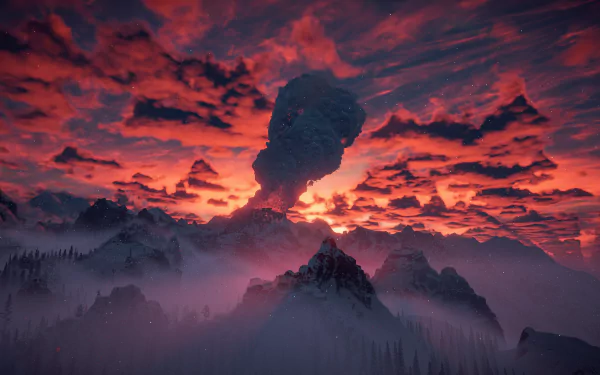 4K Ultra HD PC wallpaper from Horizon Zero Dawn featuring a dramatic red sky over misty mountains with a towering plume of smoke in the distance.
