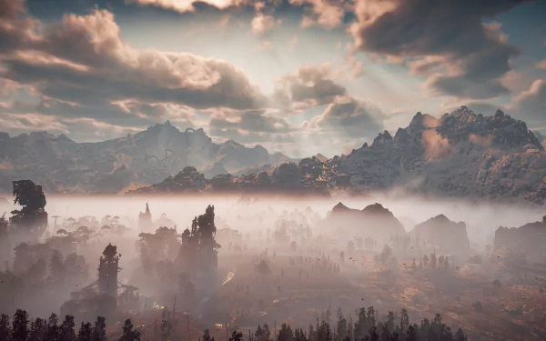 4K Ultra HD PC desktop wallpaper of a foggy, ruined mechanical landscape from the video game Horizon Zero Dawn, sunlit clouds over jagged mountains and mist-shrouded towers.