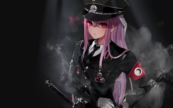 HD desktop wallpaper featuring Reisen Udongein Inaba from Touhou in a dark, stylized Nazi-themed uniform, against a smoky background.